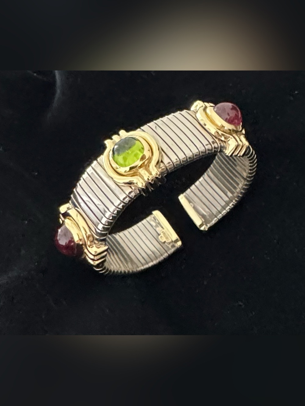 Vtg BULGARI Tubogas cuff bracelet stainless steel~18k gold~cabochon gemstones